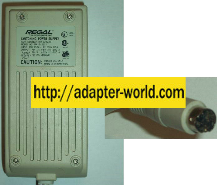 REGAL SPA15-2512 AC ADAPTER 5V 12VDC 2A 0.50A POWER SUPPLY